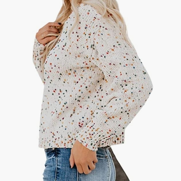 Aimcoo Winter White Long Sleeve Colored Confetti Dot Crewneck Sweater Size L - Picture 3 of 8